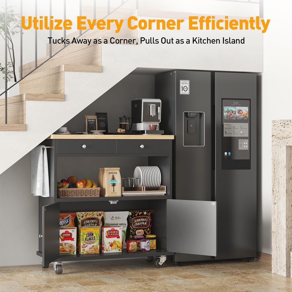 Rolling Kitchen Island with Storage Cabinet, 35.4'' Width Kitchen Cart, 2 Drawers Island Table, Portable Mobile Kitchen Island with Towel Rack, Wood Top and Lockable Wheels, Black