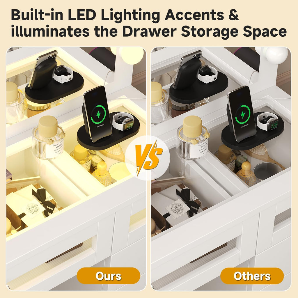 Glass Top Vanity Desk with RGB Drawers, 11 Drawers Large Makeup Vanity with Mirror and 14 LED Lights, 47" Dressing Table with Power Outlet, White