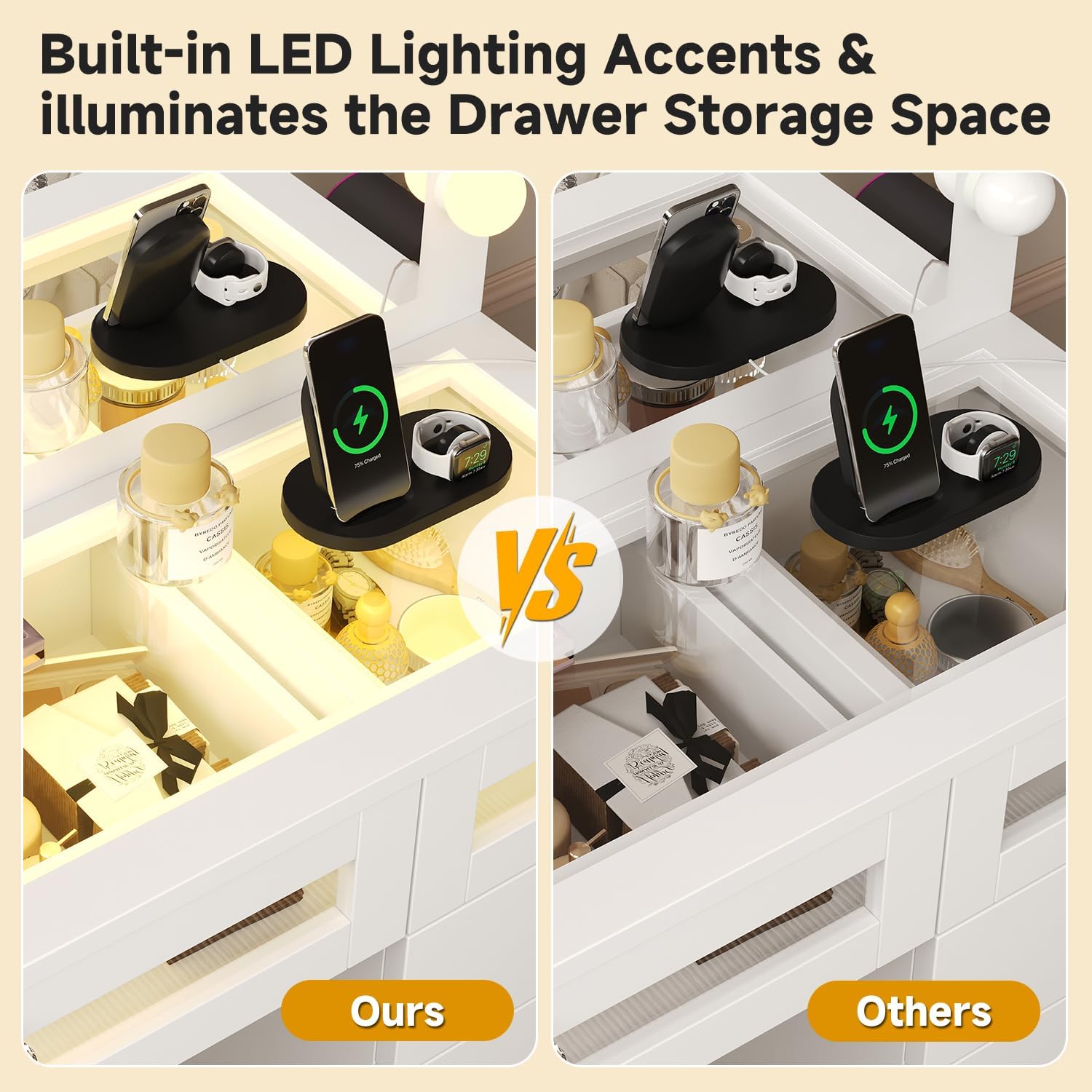 Glass Top Vanity Desk with RGB Drawers, 11 Drawers Large Makeup Vanity with Mirror and 14 LED Lights, 47" Dressing Table with Power Outlet, White