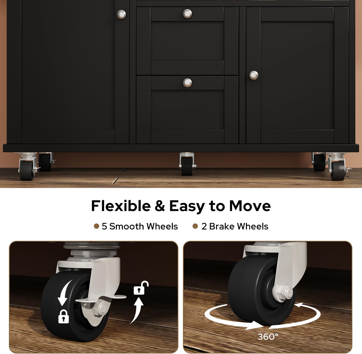 Rolling Kitchen Island with Storage Cabinet, 41.3'' Width Kitchen Cart with Desktop Drop Leaf Countertop, Portable Mobile Island with Towel Rack, Spice Rack Shelf and Lockable Wheels, Black