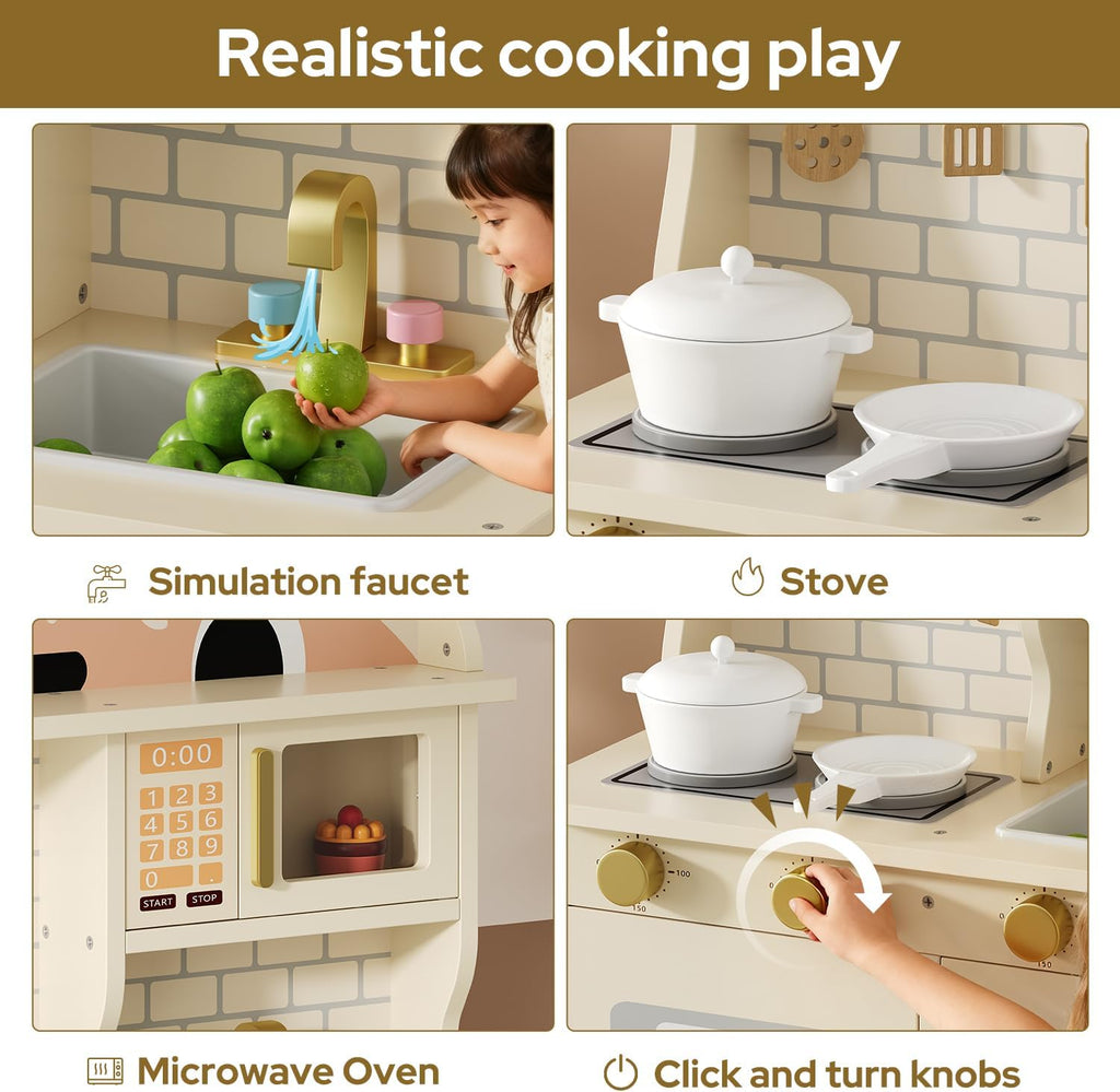 Wooden Play Kitchen for Ages 3-8 Babies, Cat Design Kitchen Playset with Microwave, Stove, Sink, Clicking Knobs, Kids Children Pretend Toy for Boys and Girls, White