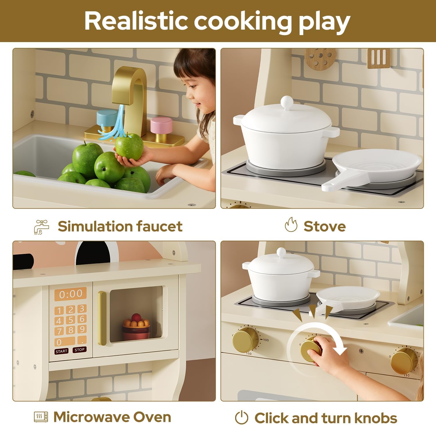 Wooden Play Kitchen for Ages 3-8 Babies, Cat Design Kitchen Playset with Microwave, Stove, Sink, Clicking Knobs, Kids Children Pretend Toy for Boys and Girls, White