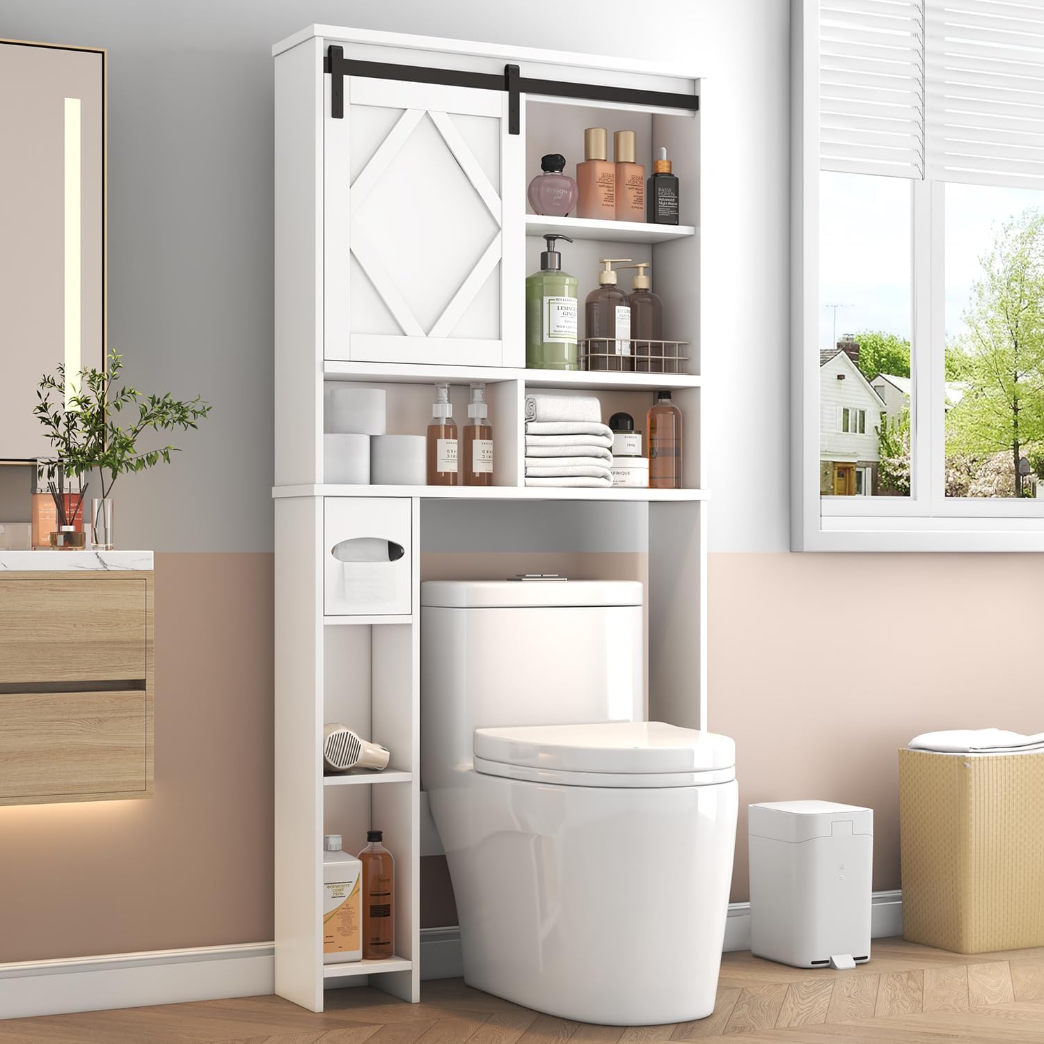 Over the Toilet Storage Cabinet with Farmhouse Sliding Barn Door, Above Toilet Organizer with Toilet Paper Holder Stand, Behind Toilet Shelf, Space Saver for Restroom, Bathroom, Laundry, White