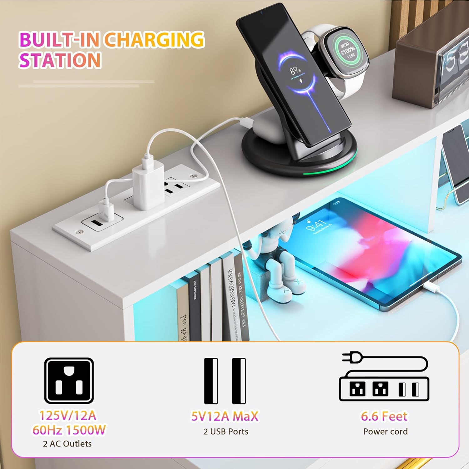 White 9 Drawer Dressers for Bedroom, Modern Large Dresser with LED Light and Power Outlet, Wooden Long Dresser, Triple Dressers for Bedroom, Entryway, Hallway