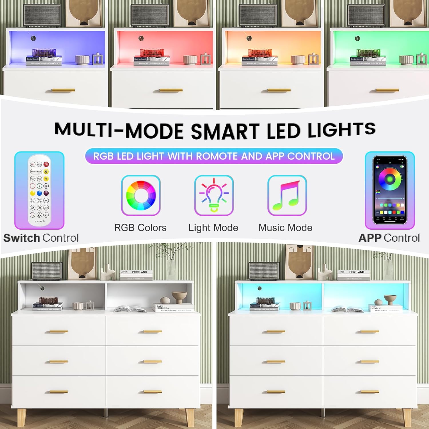 White 6 Drawer Dresser for Bedroom, Chest of Drawers with LED Light and Power Outlet, Tall Wide Dresser for Organizer Cabinet Bedroom,Living Room,Hallway, Entryway
