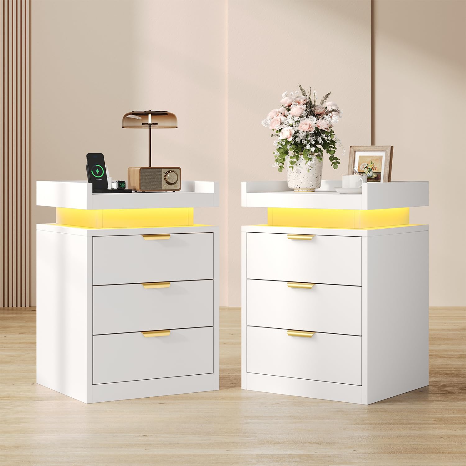 LED Nightstand with Charging Station & USB Ports, 3-Drawer Bedside Table with Adjustable RGB LED Lights, High-Gloss Modern Nightstands for Bedroom, Black