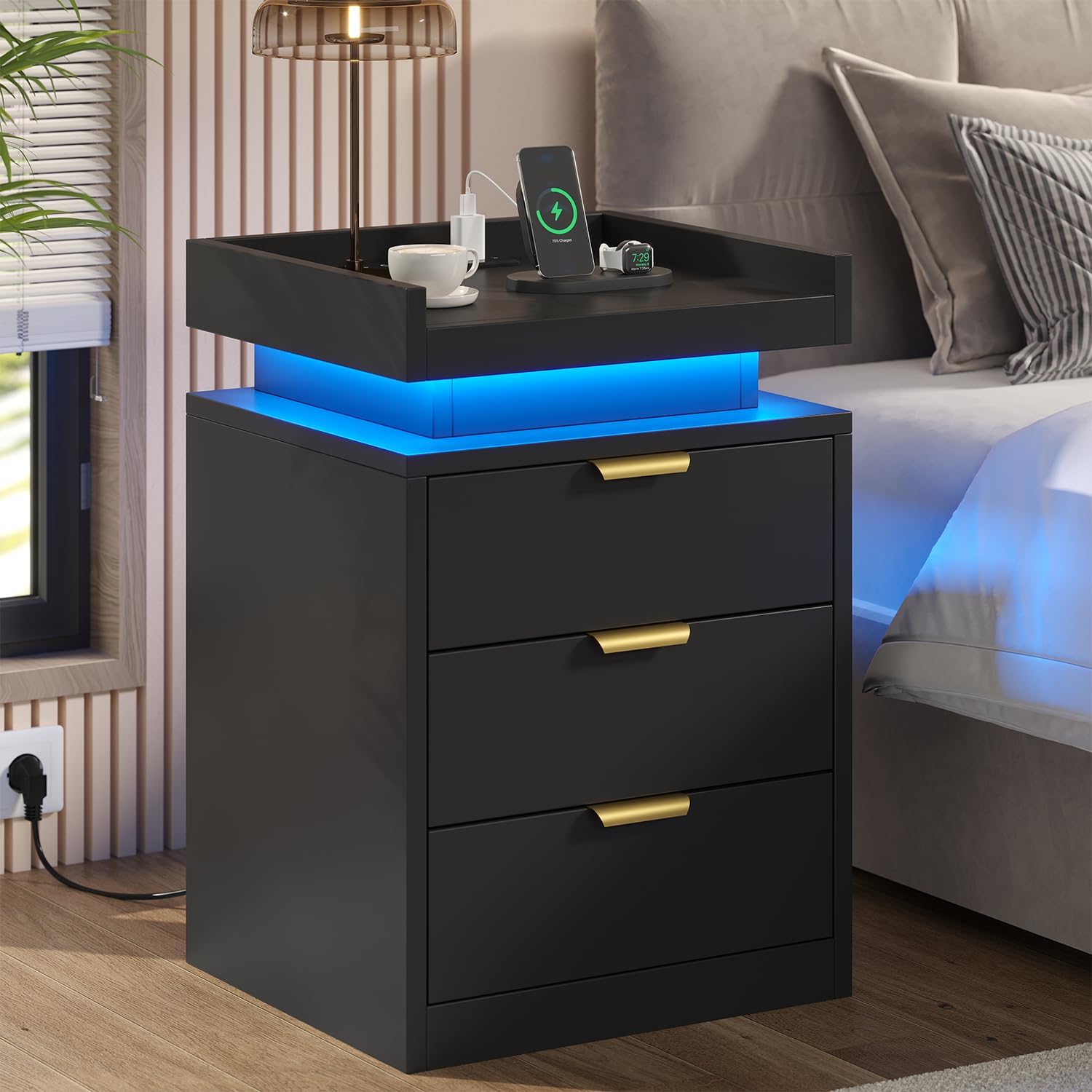 LED Nightstand with Charging Station & USB Ports, 3-Drawer Bedside Table with Adjustable RGB LED Lights, High-Gloss Modern Nightstands for Bedroom, Black