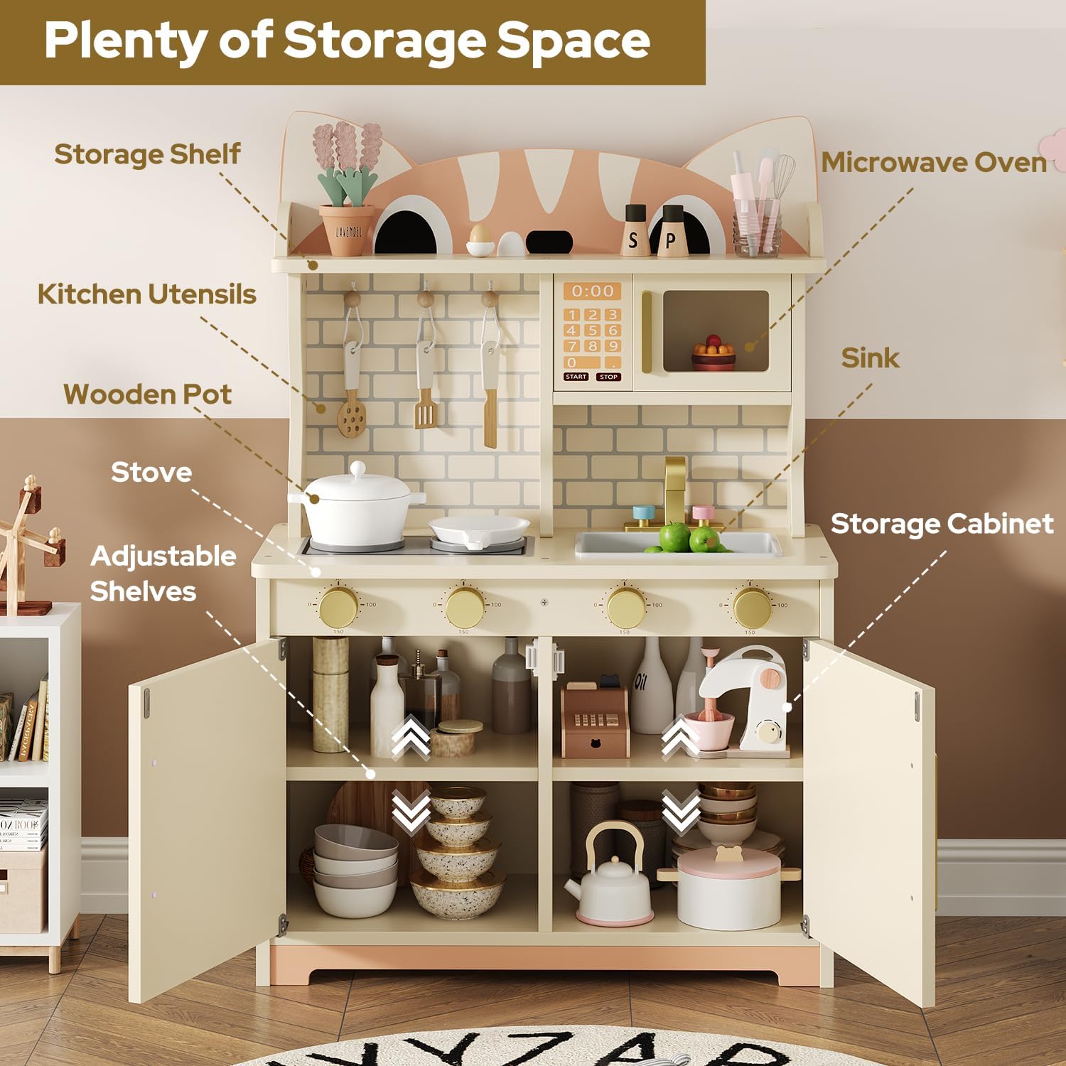 Wooden Play Kitchen for Ages 3-8 Babies, Cat Design Kitchen Playset with Microwave, Stove, Sink, Clicking Knobs, Kids Children Pretend Toy for Boys and Girls, White