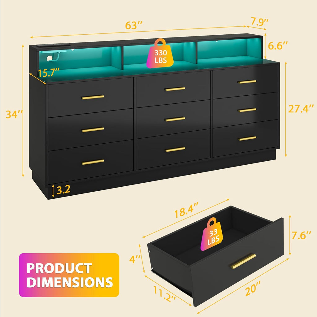 Black 9 Drawer Dressers for Bedroom, Modern Large Dresser with LED Light and Power Outlet, Wooden Long Dressers, Triple Dresser for Bedroom, Entryway, Hallway