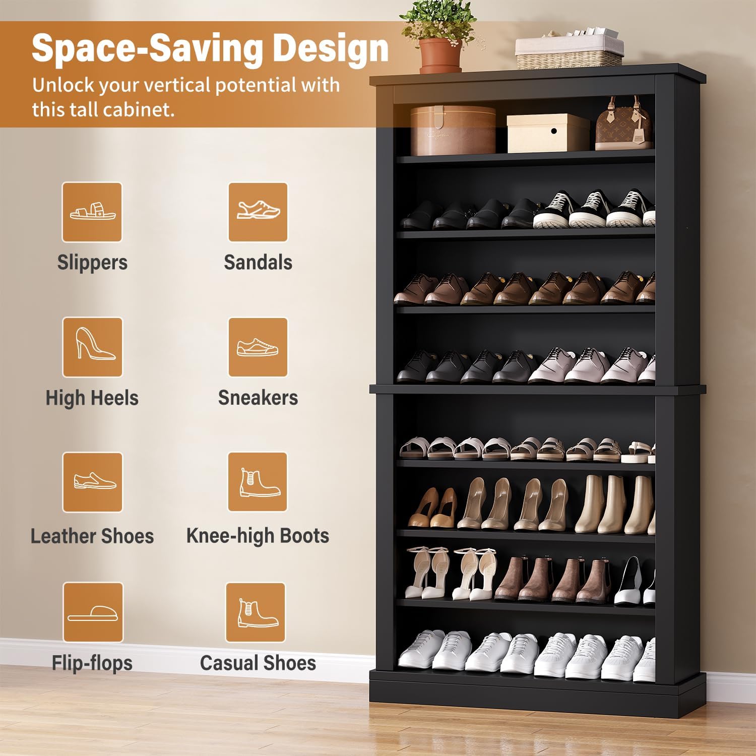 Freestanding Shoe Cabinet, Holds 40-45 Pairs, 71 Inch Tall 9-Tier Shoe Rack with Adjustable Shelves, Heavy Duty Open Storage Organizer for Entryway Hallway，Black