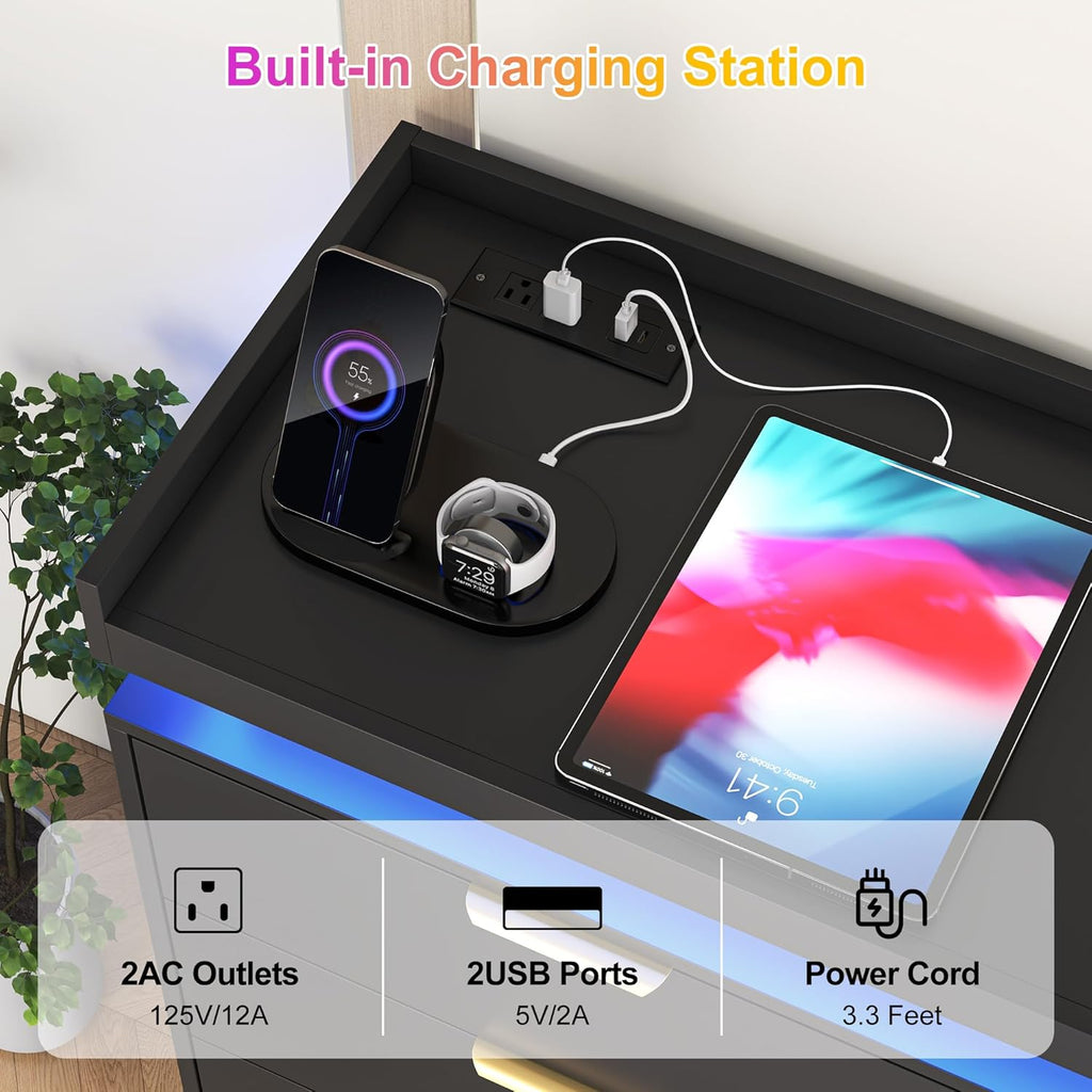 8 Drawer Dressers for Bedroom, Black Dresser with LED Lights and Power Outlet, Wood LED Dresser, Double Wide Modern Chest of Drawers for Bedroom, Entryway, Hallway