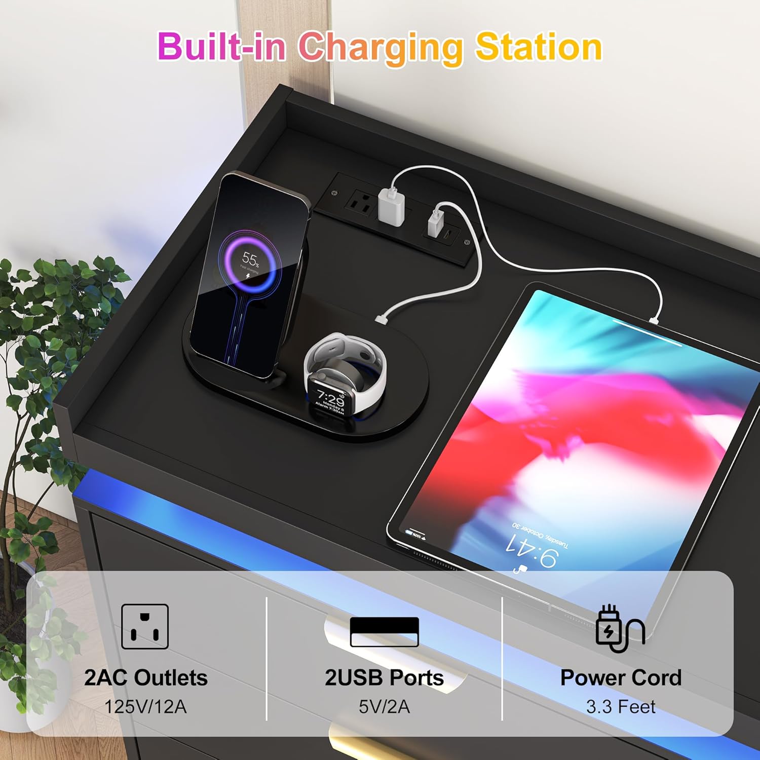 8 Drawer Dressers for Bedroom, Black Dresser with LED Lights and Power Outlet, Wood LED Dresser, Double Wide Modern Chest of Drawers for Bedroom, Entryway, Hallway