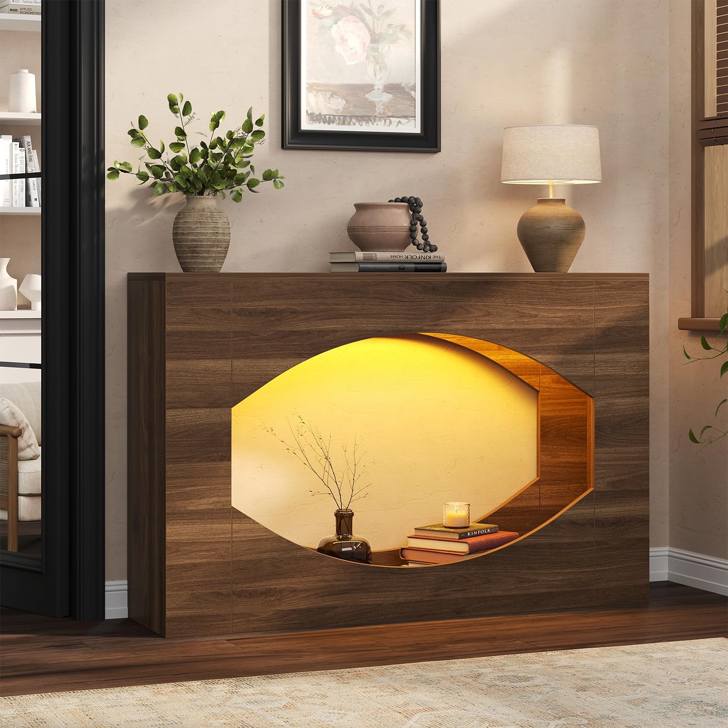 Narrow Console Table with LED Lights and Storage, 47" Adjustable Sofa Table Behind Couch, Farmhouse Long Accent Table for Living Room, Hallway, Foyer, Brown