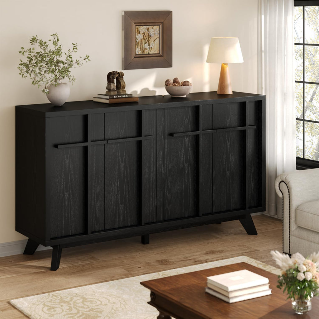 knoworld 59" Sideboard Buffet Cabinet with Storage, Modern Credenza, Black | Wood Console Cabinet with 4 Doors&Adjustable Shelves, Accent Coffee Bar Cabinet for Living Room Kitchen Dining Room Hallway