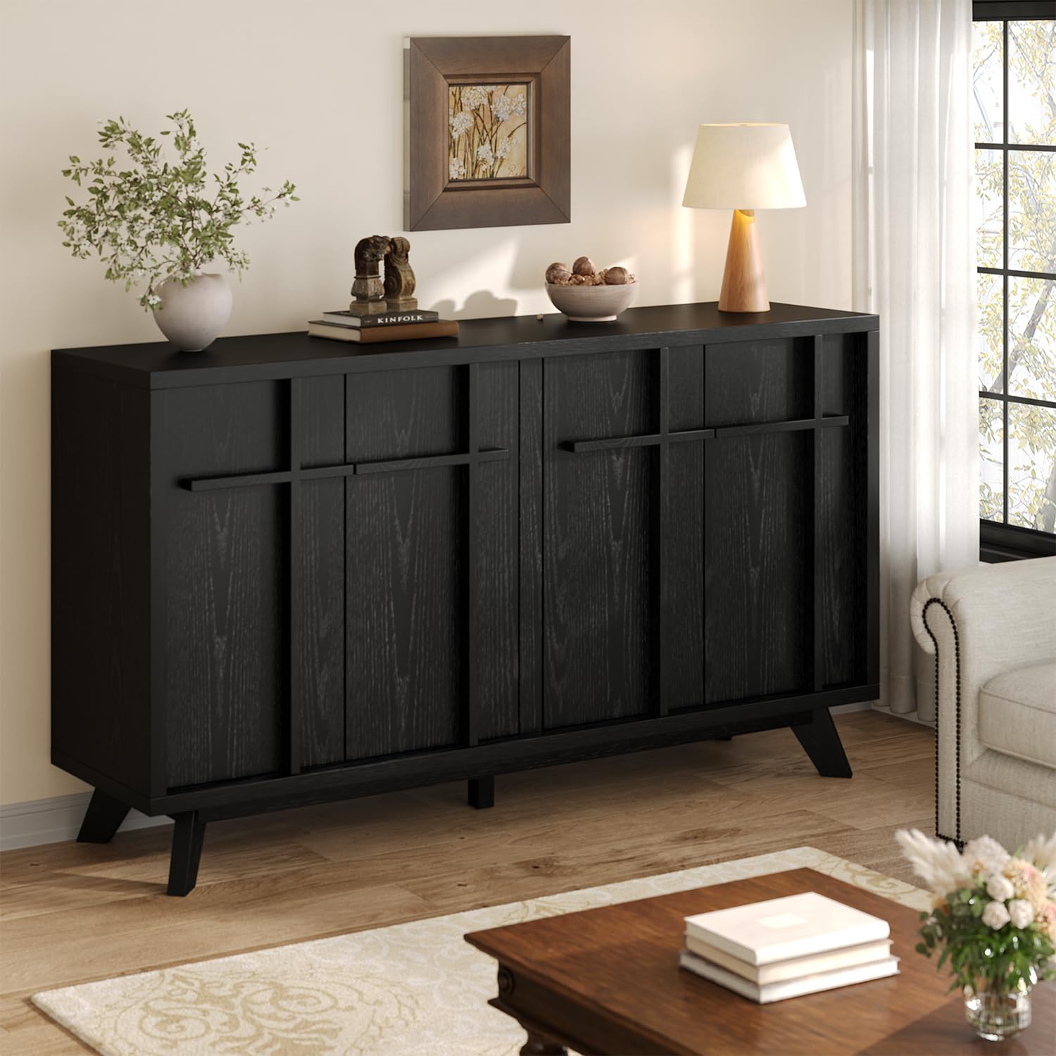 knoworld 59" Sideboard Buffet Cabinet with Storage, Modern Credenza, Black | Wood Console Cabinet with 4 Doors&Adjustable Shelves, Accent Coffee Bar Cabinet for Living Room Kitchen Dining Room Hallway