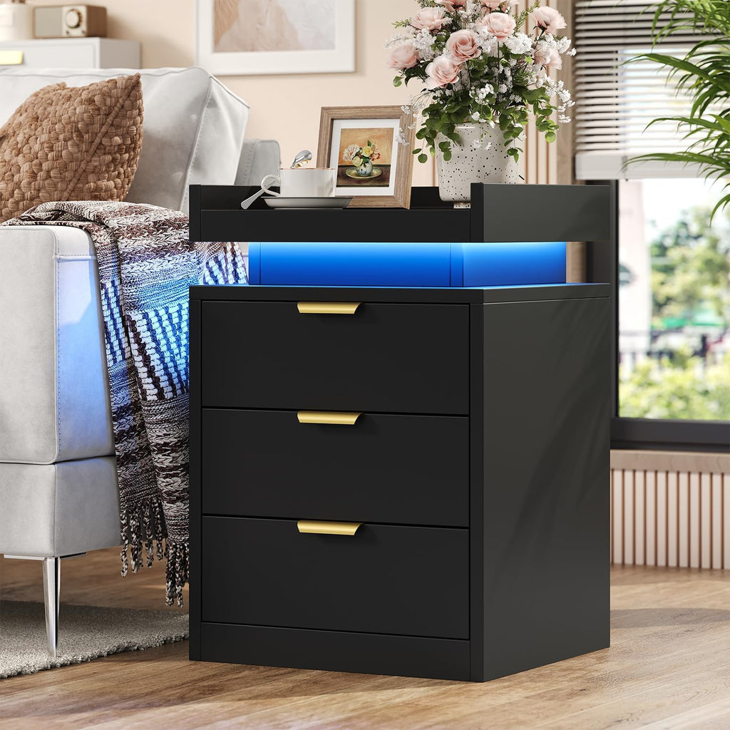 LED Nightstand with Charging Station & USB Ports, 3-Drawer Bedside Table with Adjustable RGB LED Lights, High-Gloss Modern Nightstands for Bedroom, Black