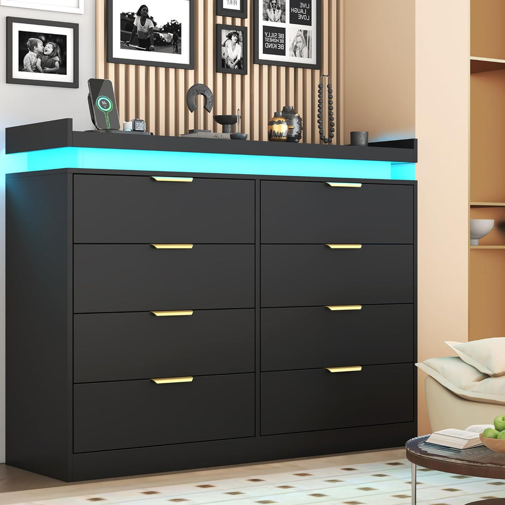 8 Drawer Dressers for Bedroom, Black Dresser with LED Lights and Power Outlet, Wood LED Dresser, Double Wide Modern Chest of Drawers for Bedroom, Entryway, Hallway