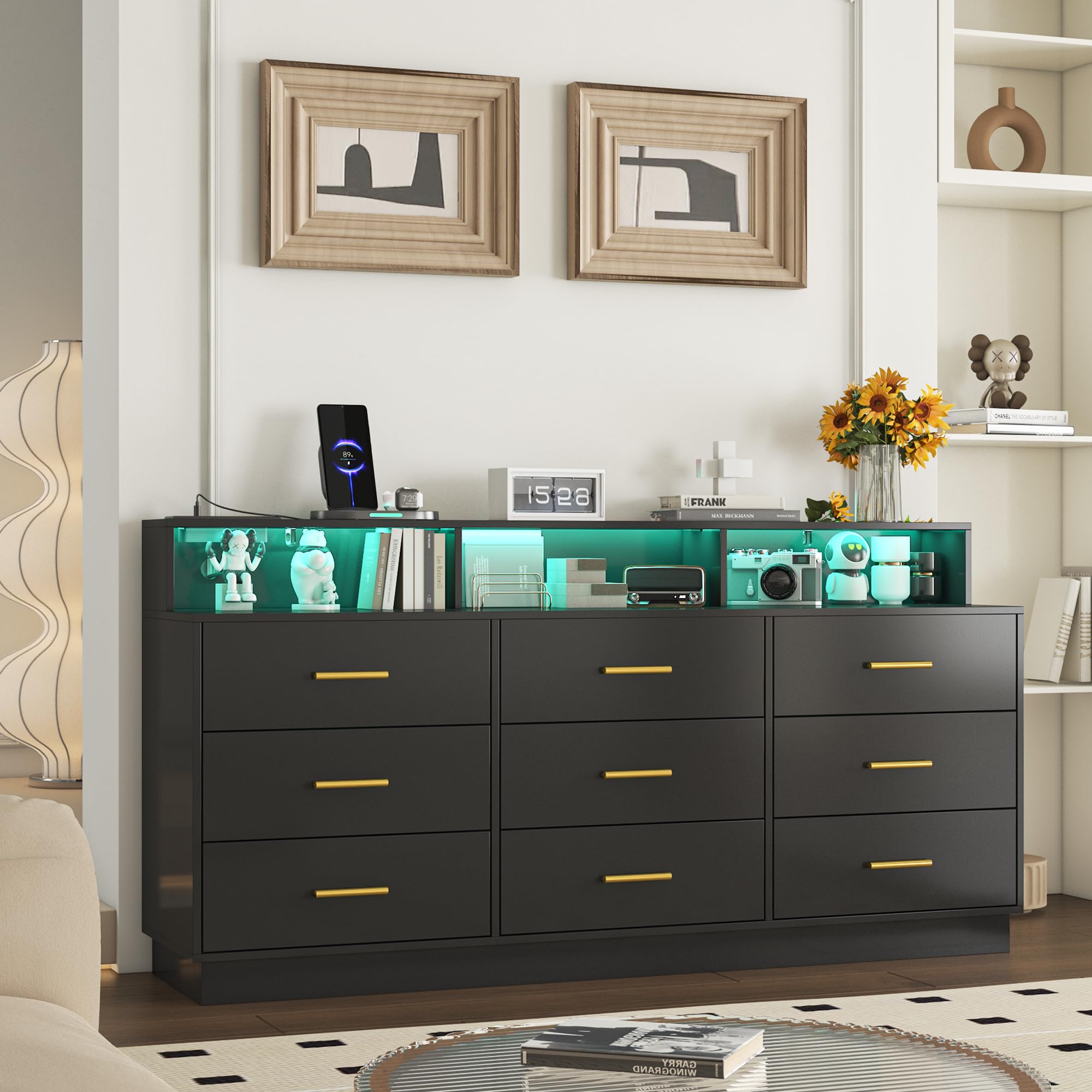 White 9 Drawer Dressers for Bedroom, Modern Large Dresser with LED Light and Power Outlet, Wooden Long Dresser, Triple Dressers for Bedroom, Entryway, Hallway