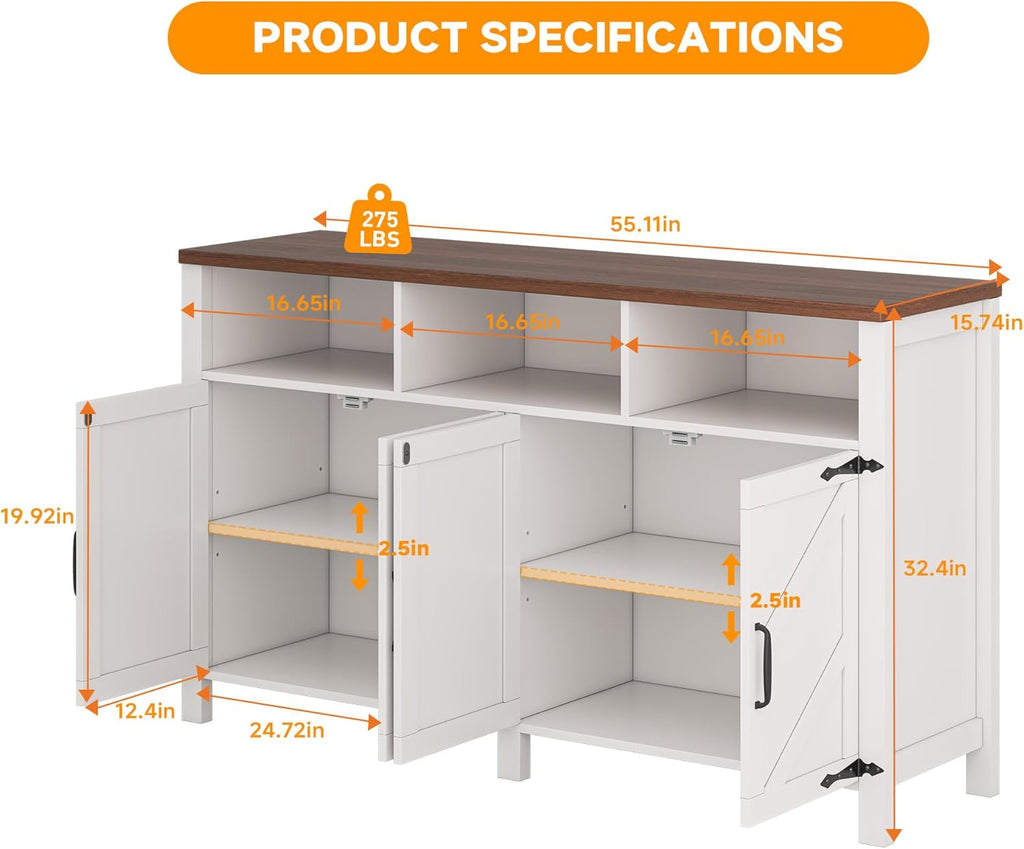 Buffet Sideboard with Storage Farmhouse with 4 Doors, 55'' Large Kitchen Storage Cabinet Wood Coffee Bar Cabinet Buffet Table with Shelves for Kitchen, Dining Room, Entryway