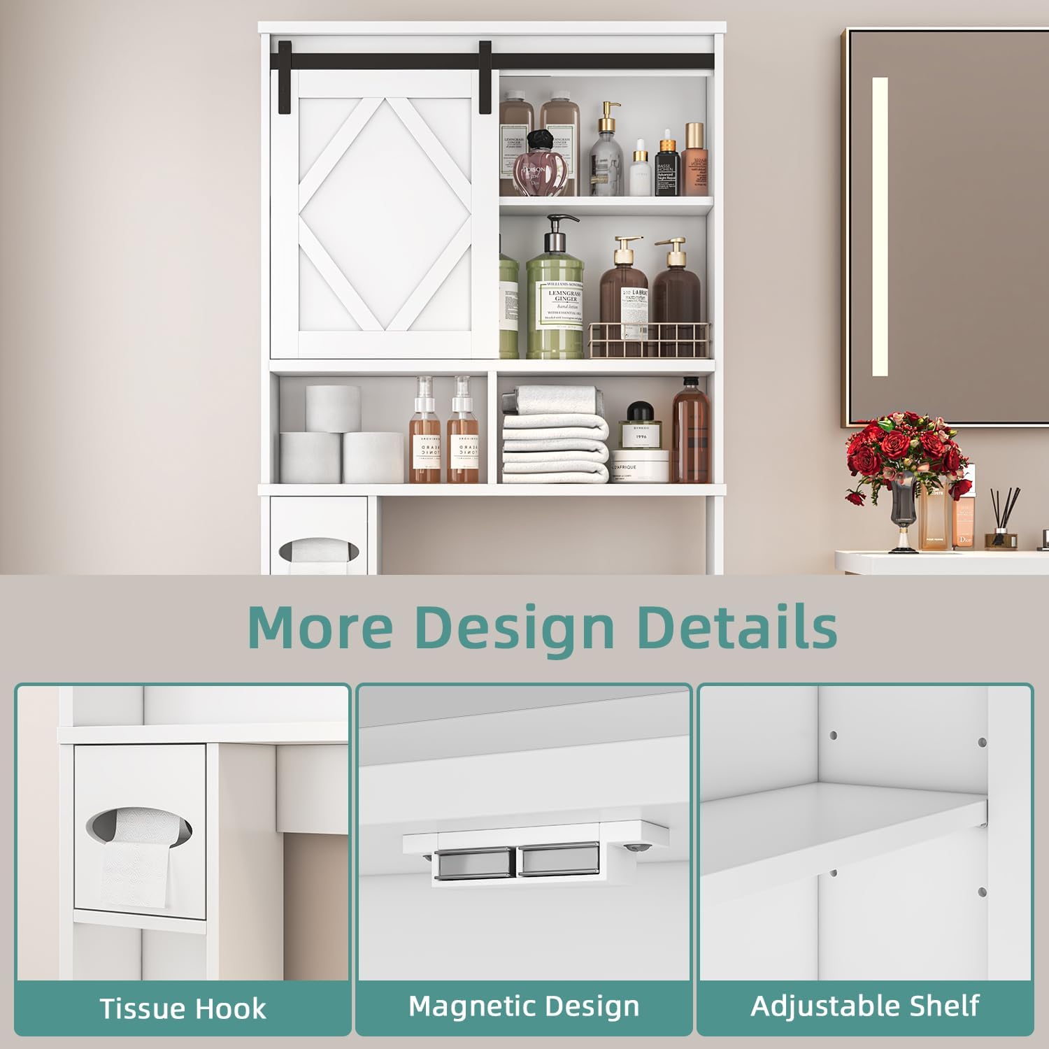 Over the Toilet Storage Cabinet with Farmhouse Sliding Barn Door, Above Toilet Organizer with Toilet Paper Holder Stand, Behind Toilet Shelf, Space Saver for Restroom, Bathroom, Laundry, White