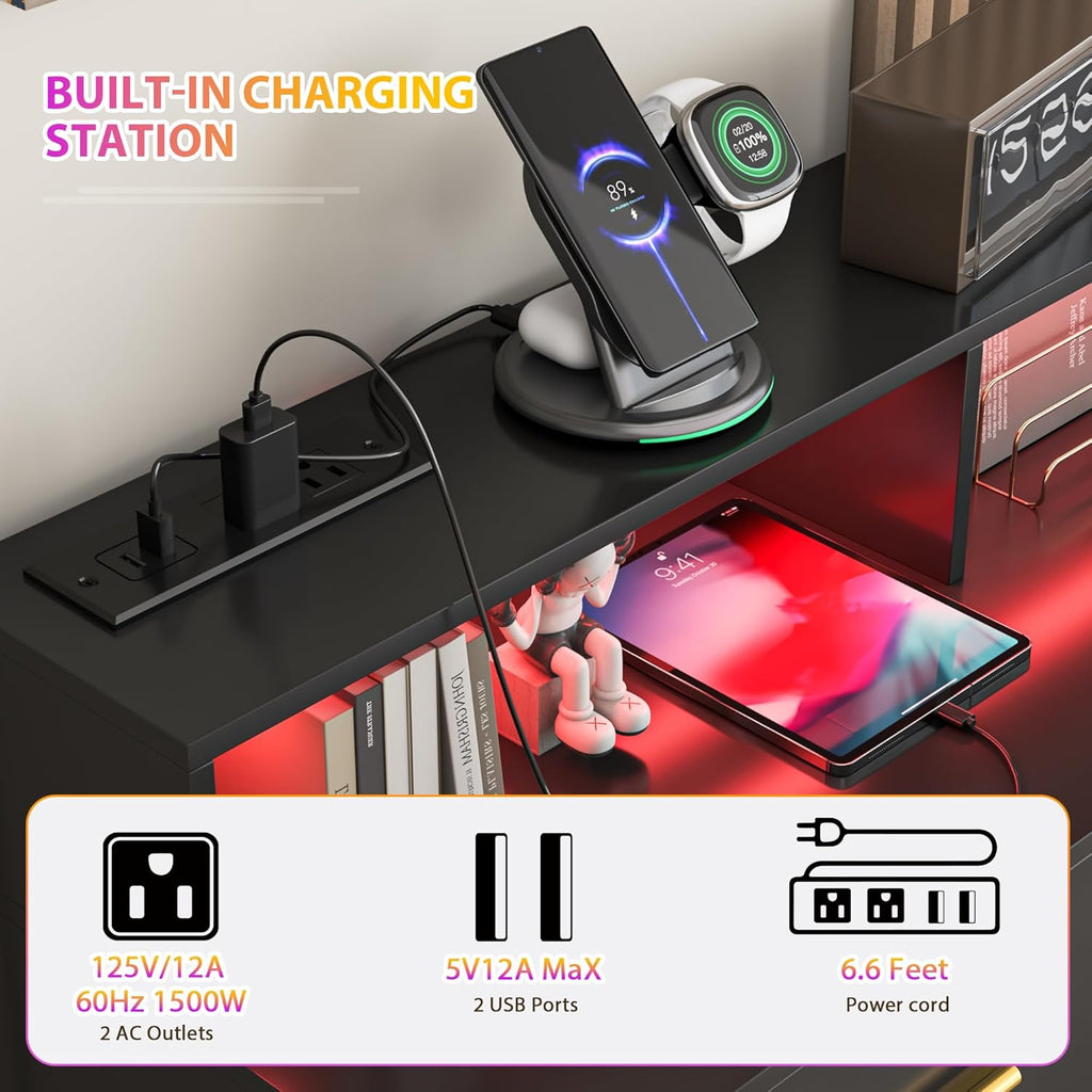 Black 9 Drawer Dressers for Bedroom, Modern Large Dresser with LED Light and Power Outlet, Wooden Long Dressers, Triple Dresser for Bedroom, Entryway, Hallway