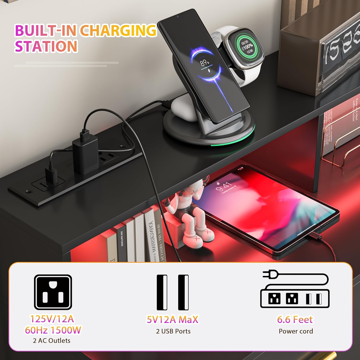 Black 9 Drawer Dressers for Bedroom, Modern Large Dresser with LED Light and Power Outlet, Wooden Long Dressers, Triple Dresser for Bedroom, Entryway, Hallway