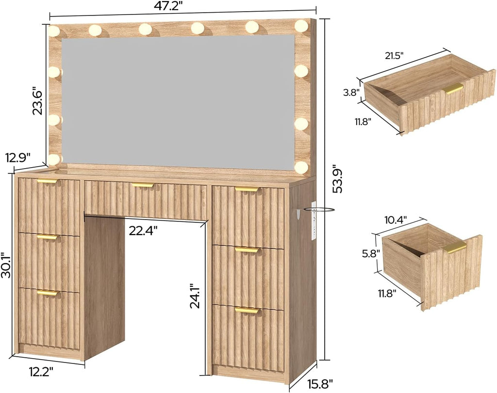 47" Fluted Makeup Vanity Desk with Large 42" Mirror and Ajustable LED Lights, Modern Glass Top Big Vanity Table with 7 Drawers, Dressing Table w/Charging Outlet for Bedroom, Natural Oak