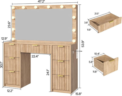 47" Fluted Makeup Vanity Desk with Large 42" Mirror and Ajustable LED Lights, Modern Glass Top Big Vanity Table with 7 Drawers, Dressing Table w/Charging Outlet for Bedroom, Natural Oak