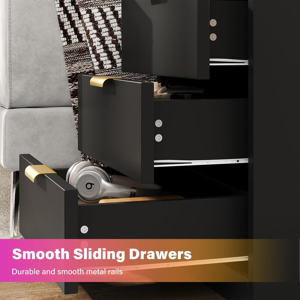 LED Nightstand with Charging Station & USB Ports, 3-Drawer Bedside Table with Adjustable RGB LED Lights, High-Gloss Modern Nightstands for Bedroom, Black