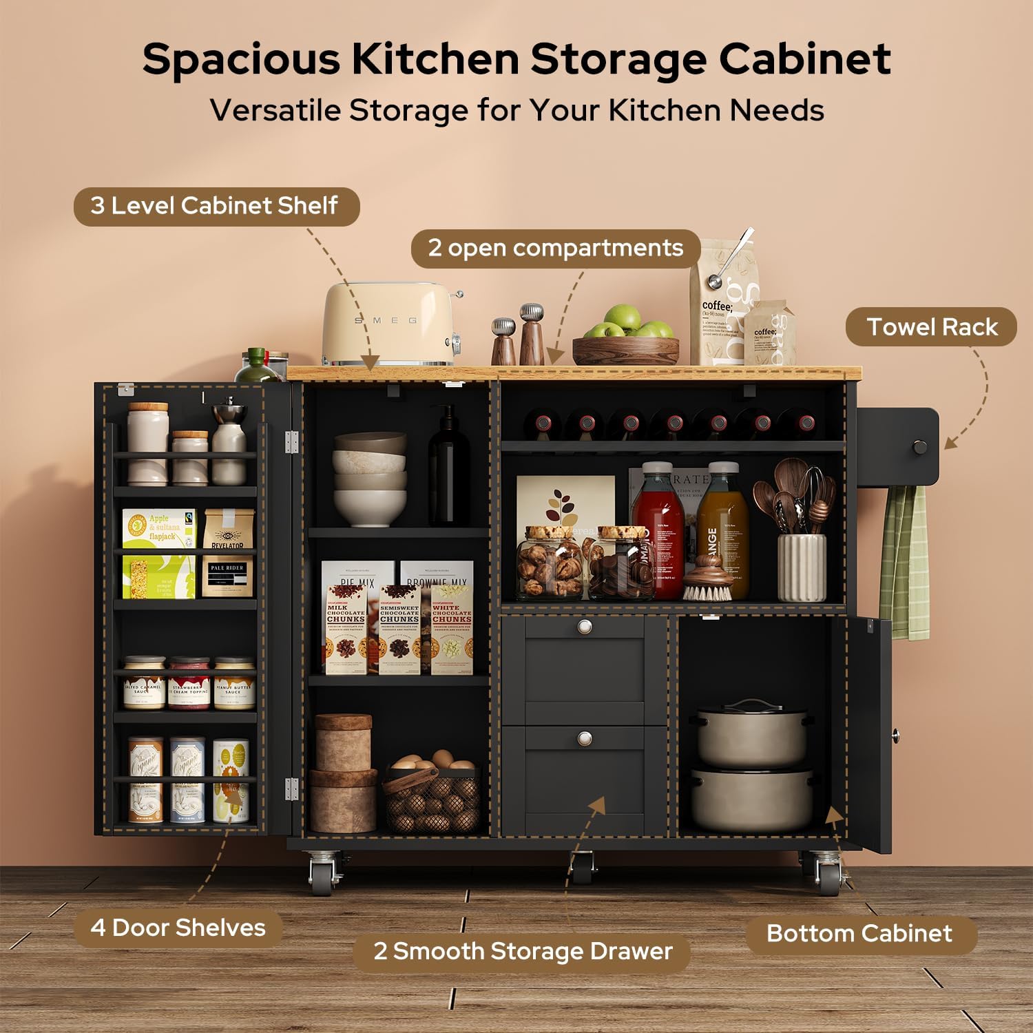 Rolling Kitchen Island with Storage Cabinet, 41.3'' Width Kitchen Cart with Desktop Drop Leaf Countertop, Portable Mobile Island with Towel Rack, Spice Rack Shelf and Lockable Wheels, Black