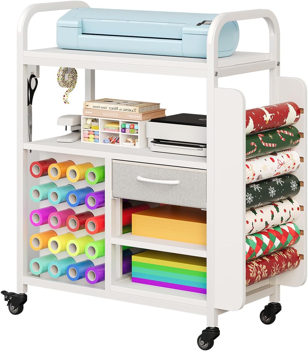 Craft Cart with Wheels Compatible with Cricut Machine, Organization and Storage Stand with 27 Vinyl Roll Holders and Drawer, Rolling Storage Cart with Table for Cricut Explore Maker Joy Accessories