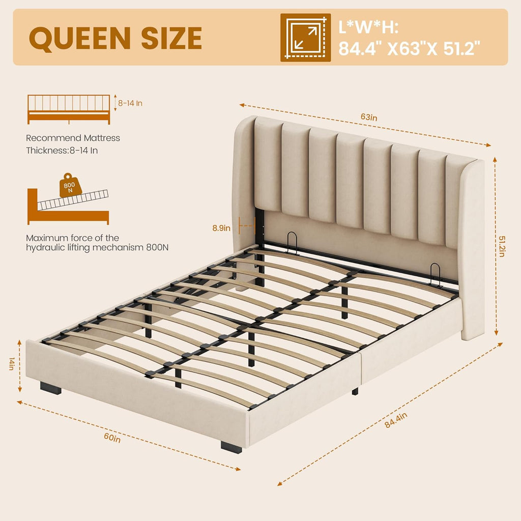 Queen Size Lift Up Storage Bed Frame with 51" Tall Headboard, Upholstered Velvet Wingback Tufted Design, Wood Slats Support, No Box Spring Required, Noise-Free Double Bed Frame (Queen,Beige)