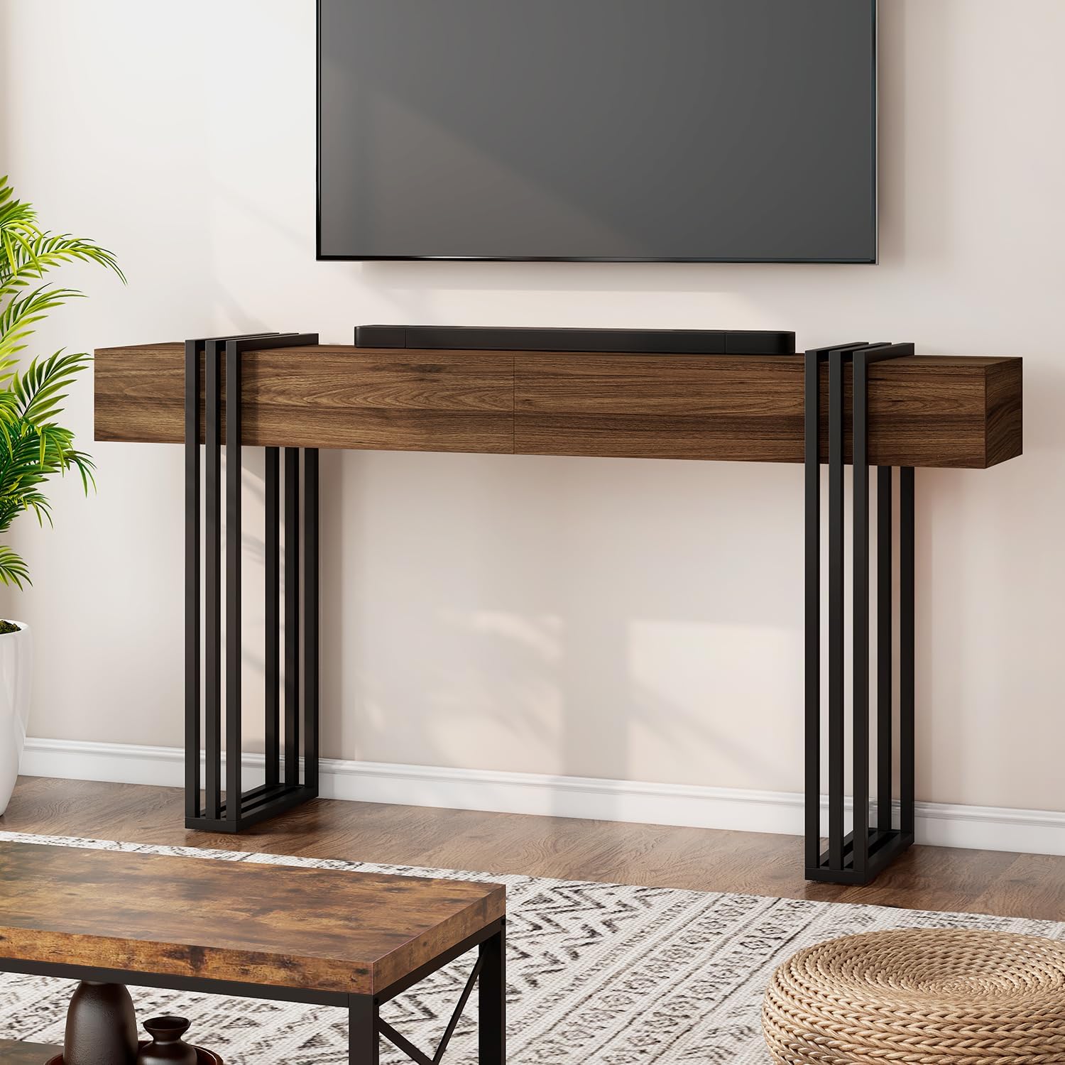 63 Inch Console Table for Entryway, Industrial Sofa Tables Couch Table Behind Sofa for Living Room Hallway Foyer, Walnut