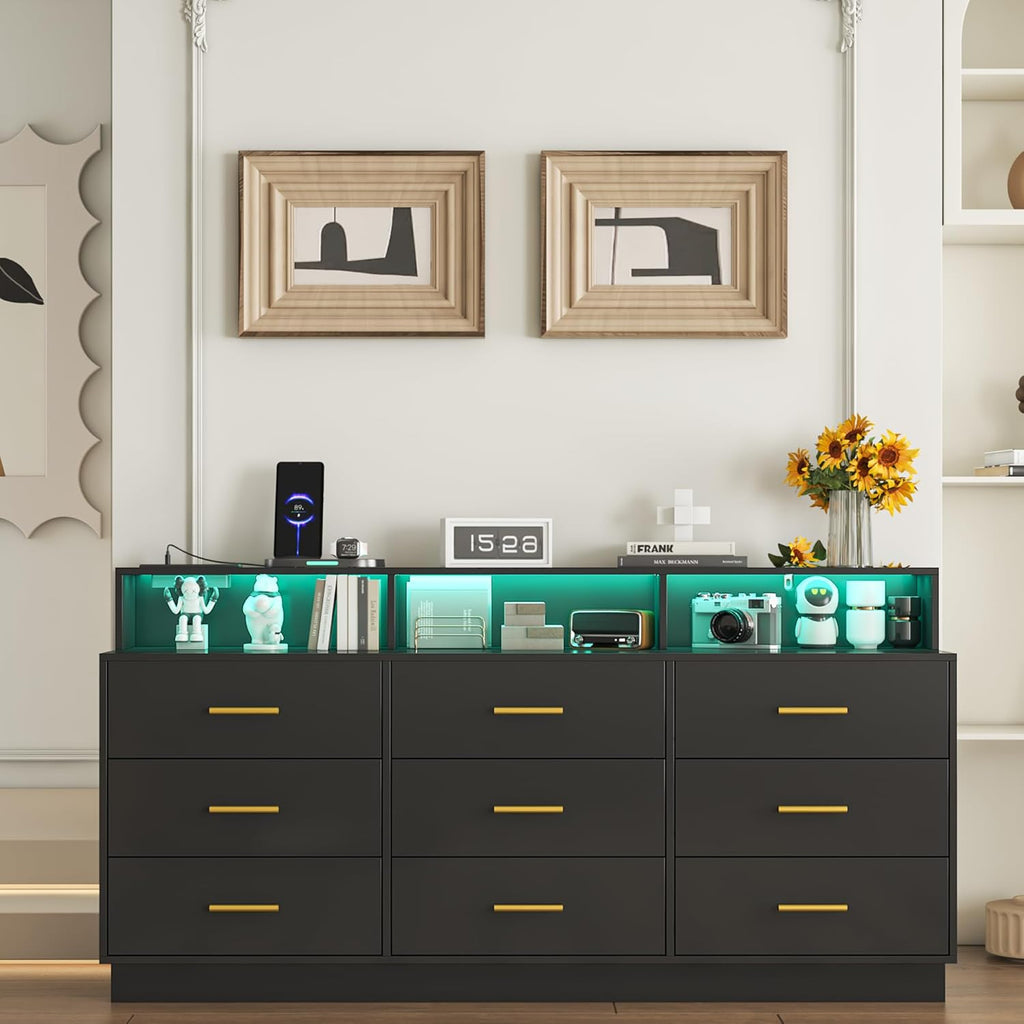 Black 9 Drawer Dressers for Bedroom, Modern Large Dresser with LED Light and Power Outlet, Wooden Long Dressers, Triple Dresser for Bedroom, Entryway, Hallway