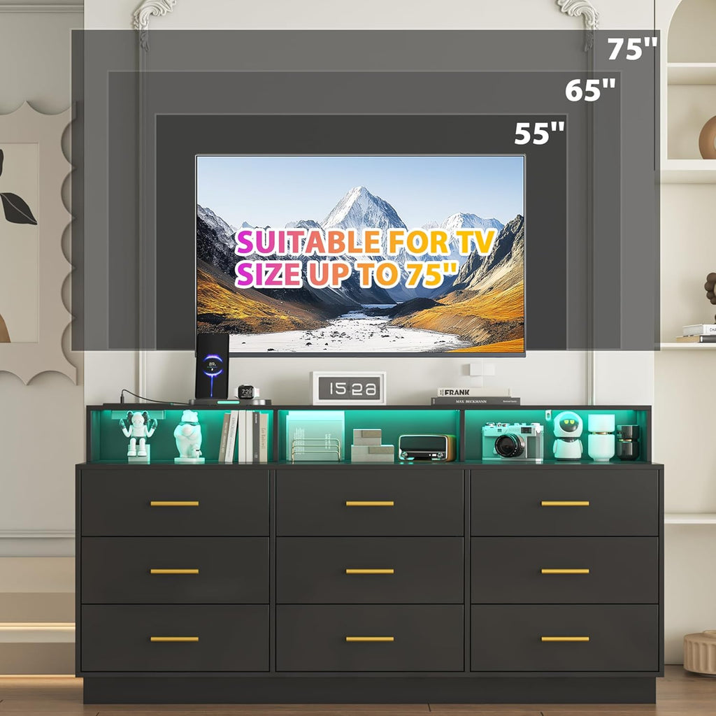 Black 9 Drawer Dressers for Bedroom, Modern Large Dresser with LED Light and Power Outlet, Wooden Long Dressers, Triple Dresser for Bedroom, Entryway, Hallway