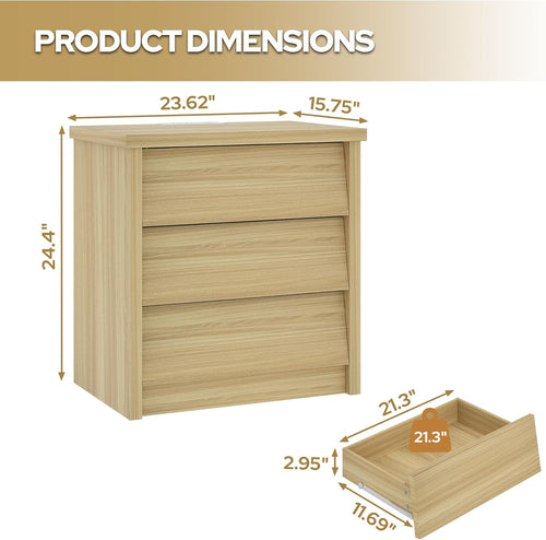 23" Wide Nightstand with Charger Station, Wood Night Stand with 3 Drawers, Modern Bedside Table with USB Ports and Outlets, Storage Bed Side End Table for Bedroom, Living Room, Hallway (Natural)