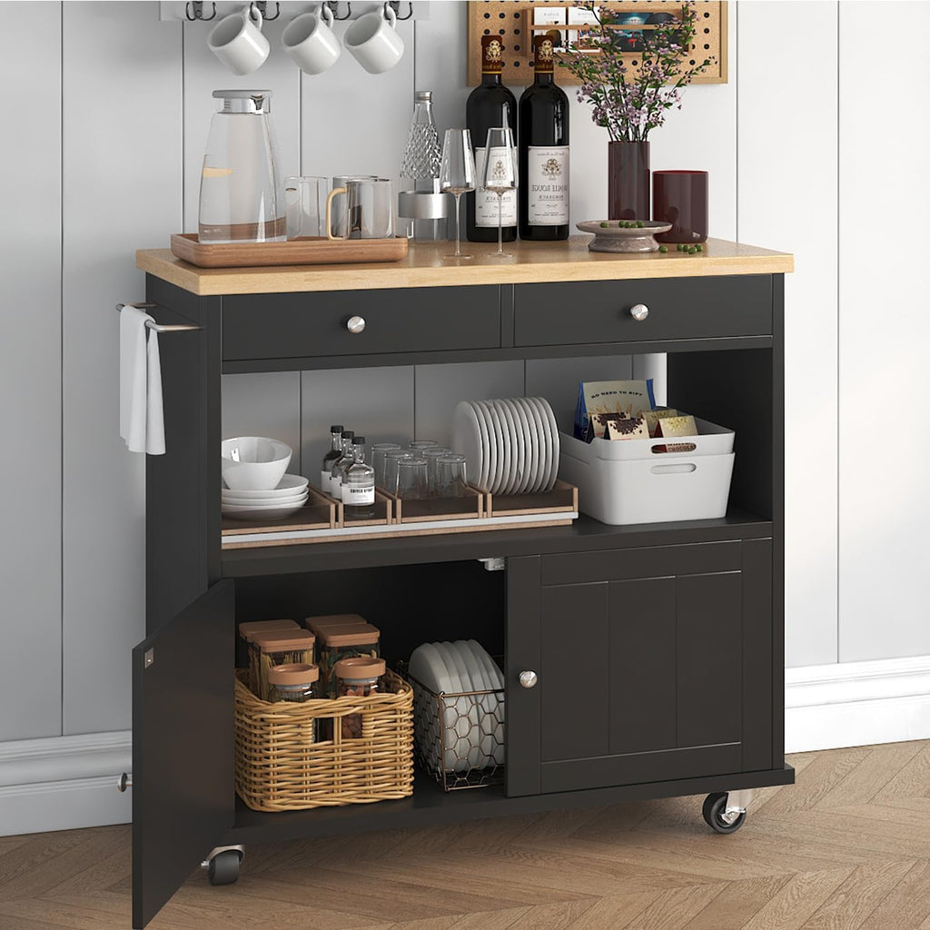 Rolling Kitchen Island with Storage Cabinet, 35.4'' Width Kitchen Cart, 2 Drawers Island Table, Portable Mobile Kitchen Island with Towel Rack, Wood Top and Lockable Wheels, Black