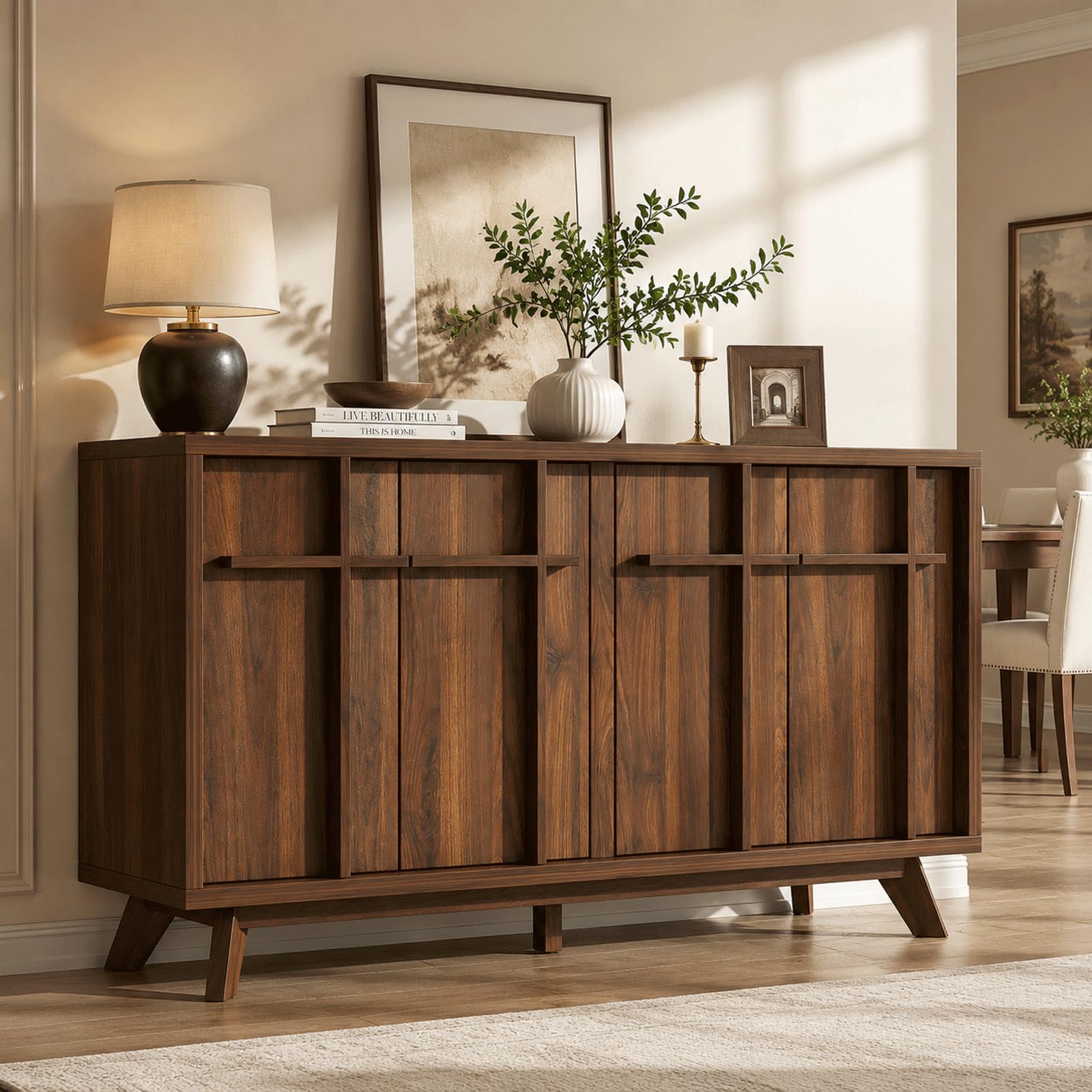 knoworld 59" Sideboard Buffet Cabinet with Storage, Modern Credenza, Black | Wood Console Cabinet with 4 Doors&Adjustable Shelves, Accent Coffee Bar Cabinet for Living Room Kitchen Dining Room Hallway