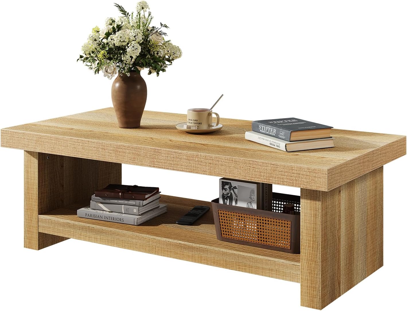 47-Inch Rectangle Coffee Table, Wood Rectangular Center Tables, Farmhouse Low Cocktail Tea Table for Living Room, Thick Base/Easy Assembly, Natural