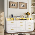 White 9 Drawer Dressers for Bedroom, Modern Large Dresser with LED Light and Power Outlet, Wooden Long Dresser, Triple Dressers for Bedroom, Entryway, Hallway