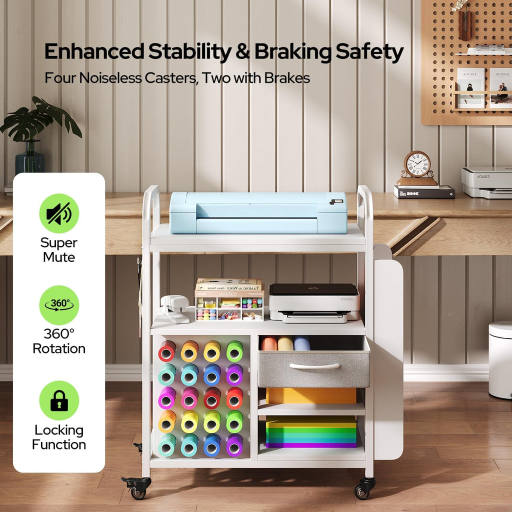Craft Cart with Wheels Compatible with Cricut Machine, Organization and Storage Stand with 27 Vinyl Roll Holders and Drawer, Rolling Storage Cart with Table for Cricut Explore Maker Joy Accessories