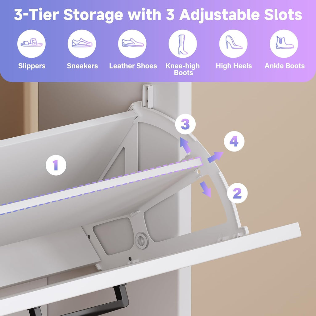 Wooden Shoe Cabinet, Narrow LED Shoe Rack Closed Storage Organizer with Adjustable Shelf, Freestanding Hidden Shoe Cabinet Storage for Entryway,Living Room(3 Drawers with LED, Linen White)