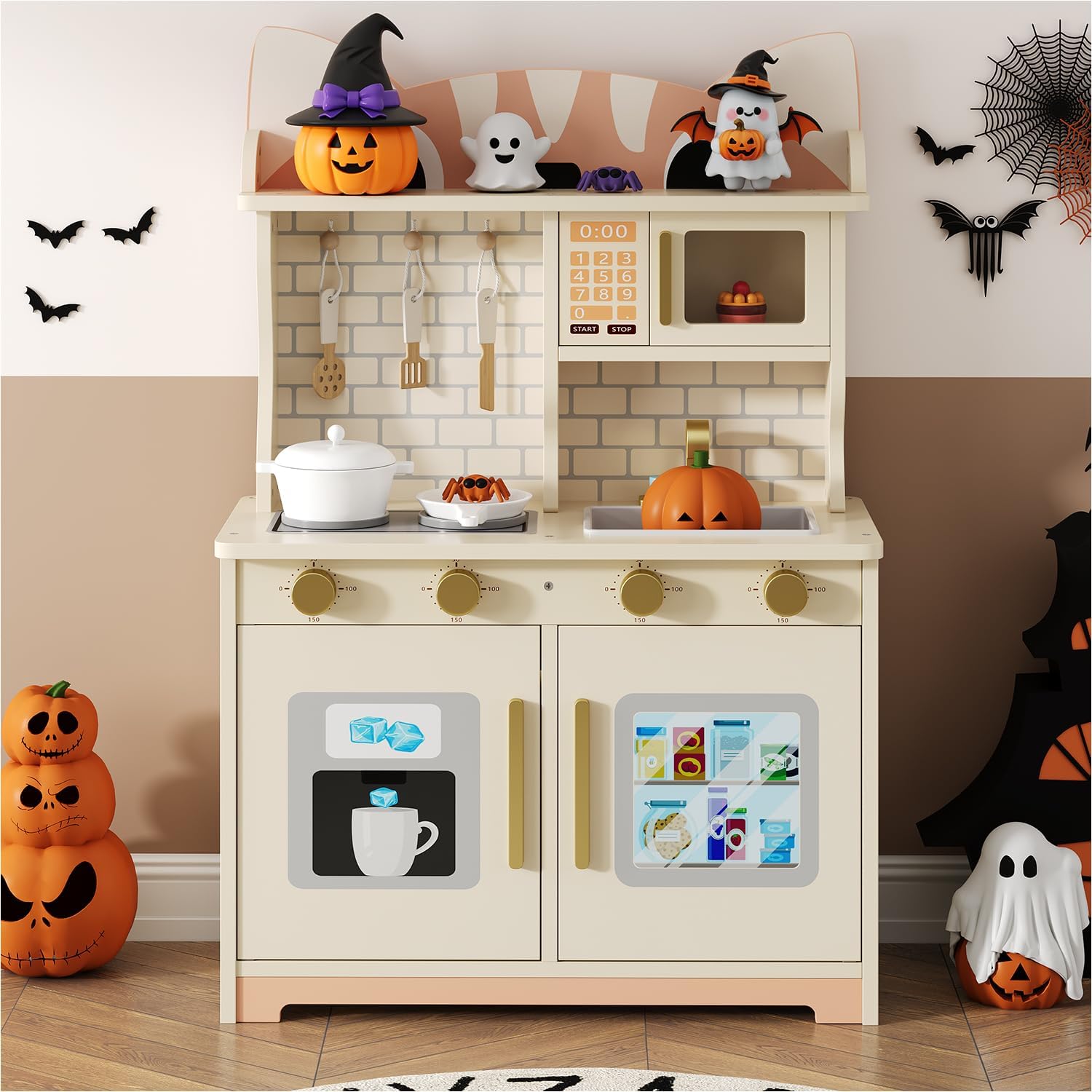 Wooden Play Kitchen for Ages 3-8 Babies, Cat Design Kitchen Playset with Microwave, Stove, Sink, Clicking Knobs, Kids Children Pretend Toy for Boys and Girls, White