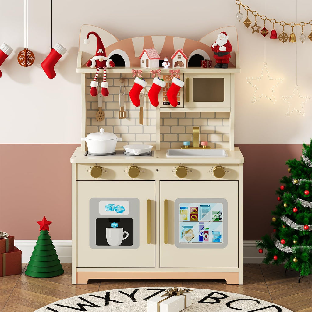 Wooden Play Kitchen for Ages 3-8 Babies, Cat Design Kitchen Playset with Microwave, Stove, Sink, Clicking Knobs, Kids Children Pretend Toy for Boys and Girls, White