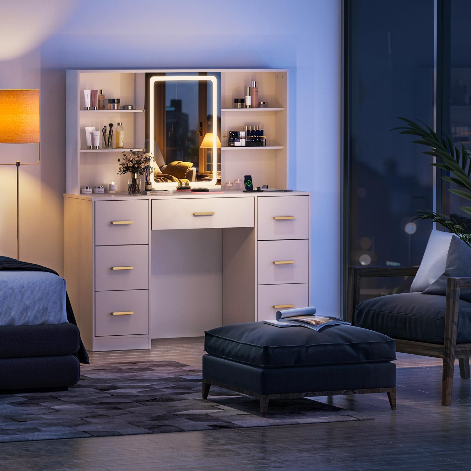 47'' Large Vanity Desk with Mirror and Lights, 7 Drawers, 8 Storage Shelves Vanity Table, Big Makeup Vanity Desk with 3 LED Lighting Modes, Vanity Dresser with Outlet, Sliding Mirror (White)