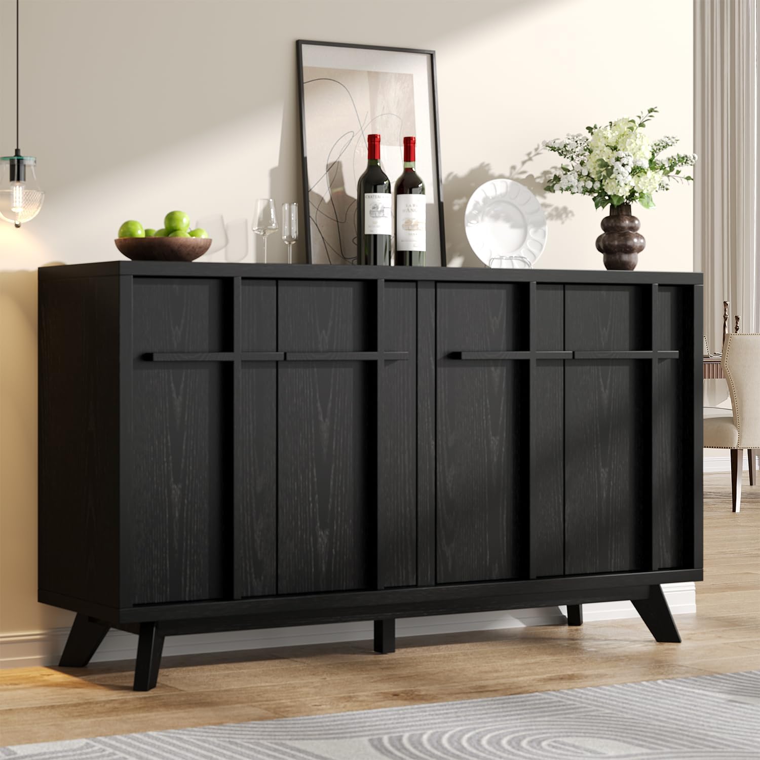 knoworld 59" Sideboard Buffet Cabinet with Storage, Modern Credenza, Black | Wood Console Cabinet with 4 Doors&Adjustable Shelves, Accent Coffee Bar Cabinet for Living Room Kitchen Dining Room Hallway
