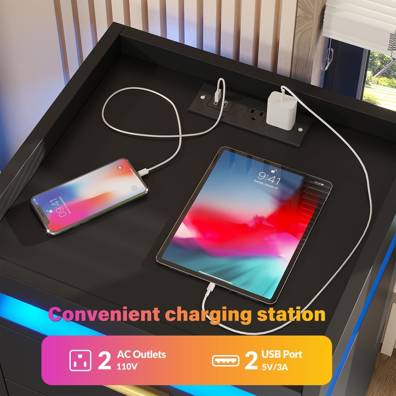 LED Nightstand with Charging Station & USB Ports, 3-Drawer Bedside Table with Adjustable RGB LED Lights, High-Gloss Modern Nightstands for Bedroom, Black