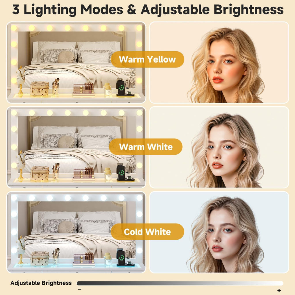 Glass Top Vanity Desk with RGB Drawers, 11 Drawers Large Makeup Vanity with Mirror and 14 LED Lights, 47" Dressing Table with Power Outlet, White