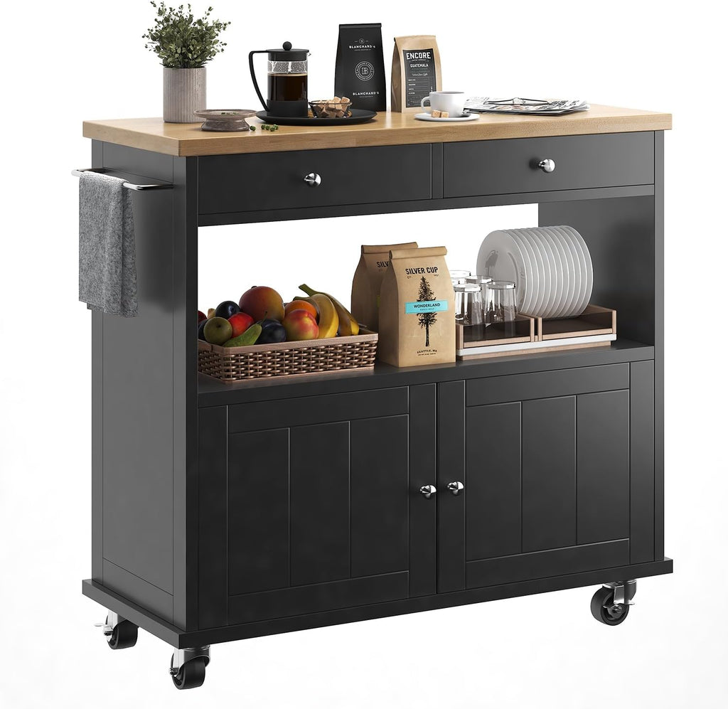 Rolling Kitchen Island with Storage Cabinet, 35.4'' Width Kitchen Cart, 2 Drawers Island Table, Portable Mobile Kitchen Island with Towel Rack, Wood Top and Lockable Wheels, Black
