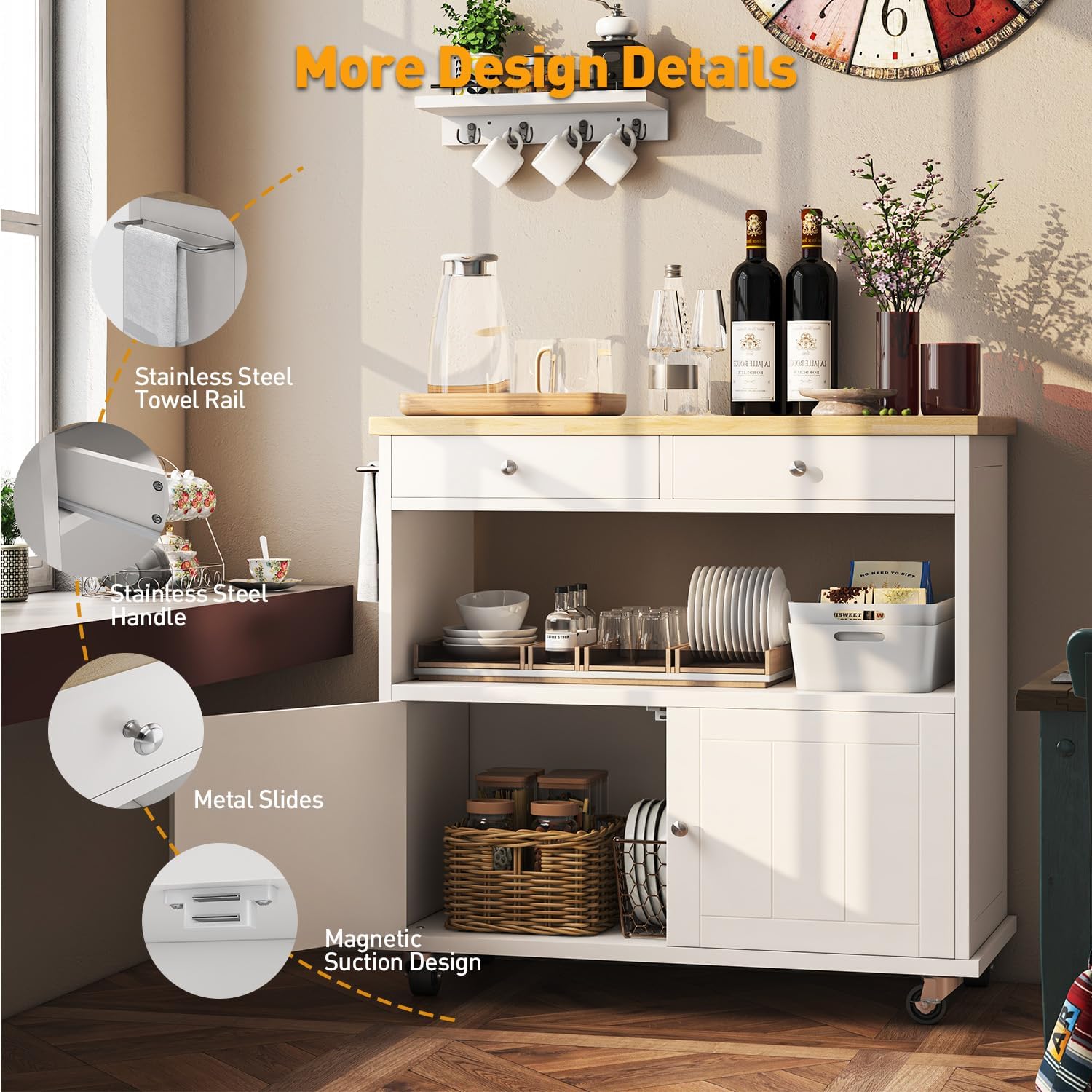 Rolling Kitchen Island with Storage Cabinet, 35.4'' Width Kitchen Cart, 2 Drawers Island Table, Portable Mobile Kitchen Island with Towel Rack, Wood Top and Lockable Wheels, White